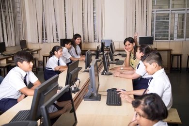 Modern computer lab with students